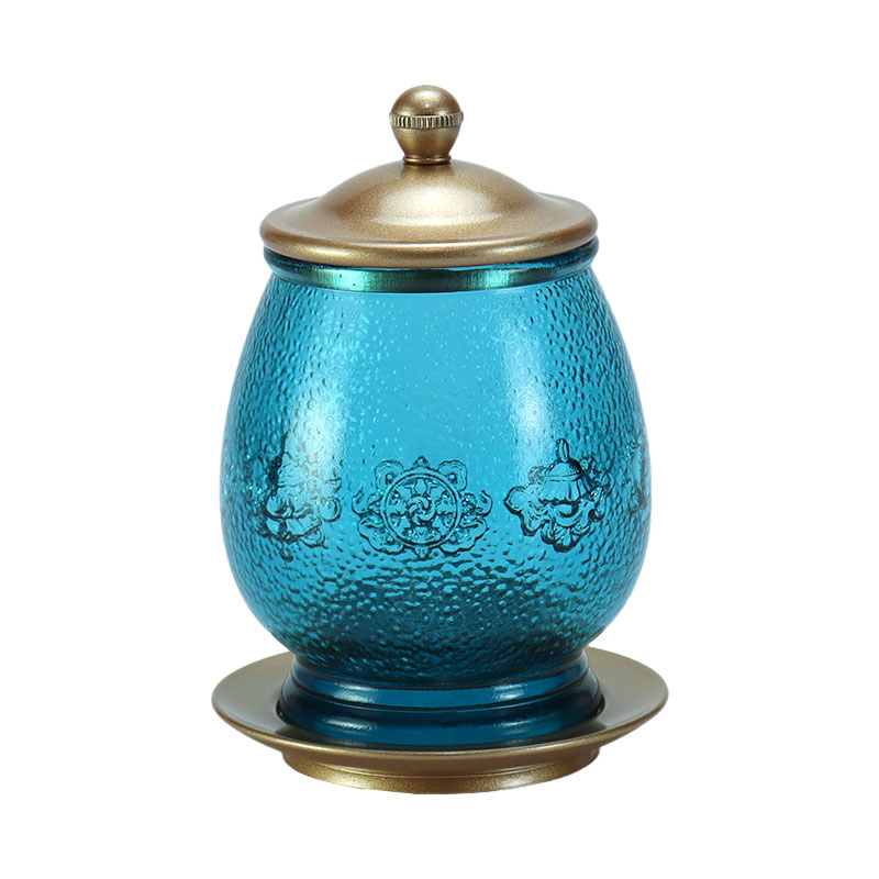 Kungsblå åtta lovande symboler buddhistiska altare Kristallglas erbjudanden